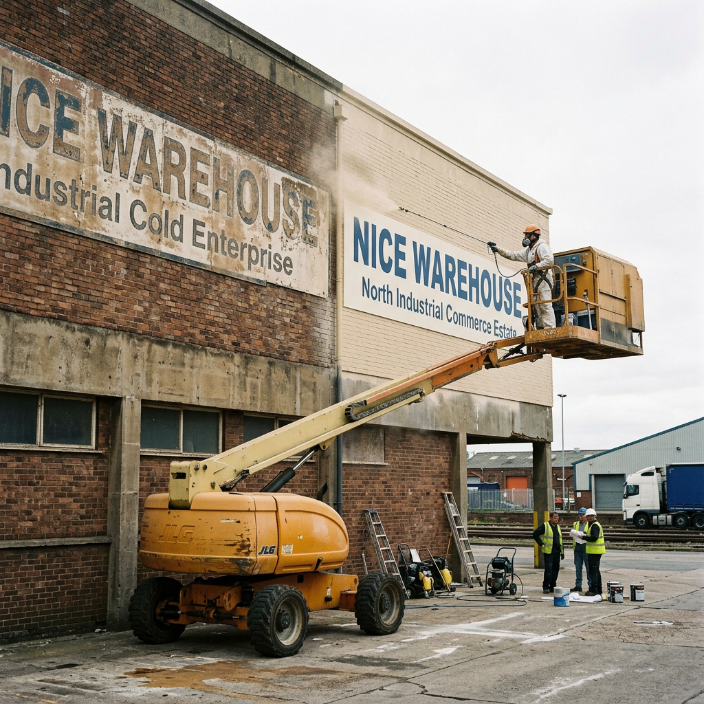 Worker on hydraulic lift spraying clean warehouse sign on building exterior