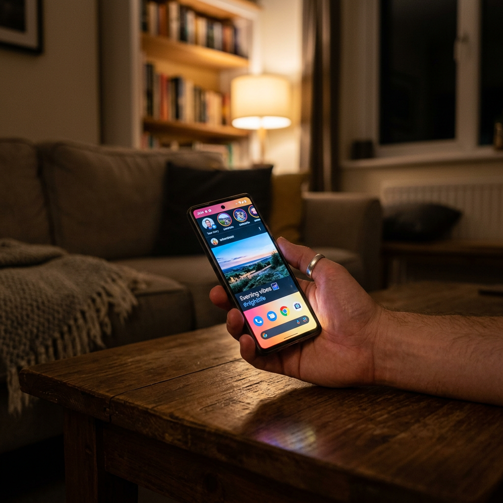 Hand holding smartphone displaying social media app in dimly lit living room