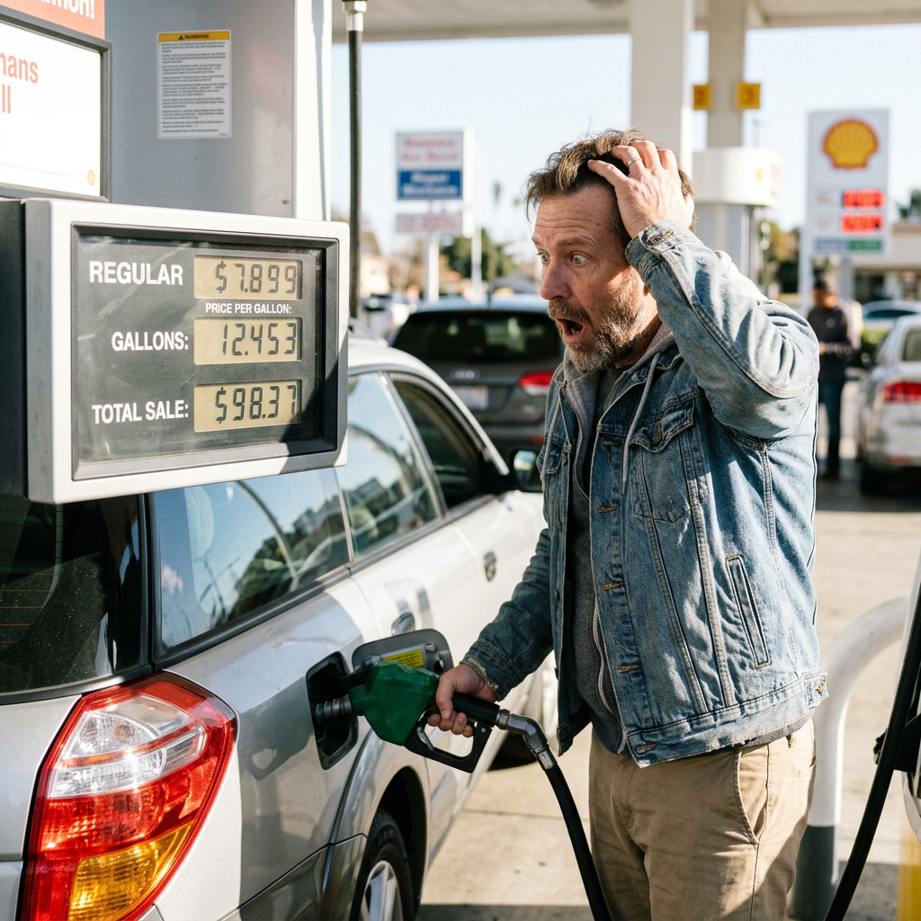Man holding gas pump with shocked expression at expensive fuel price