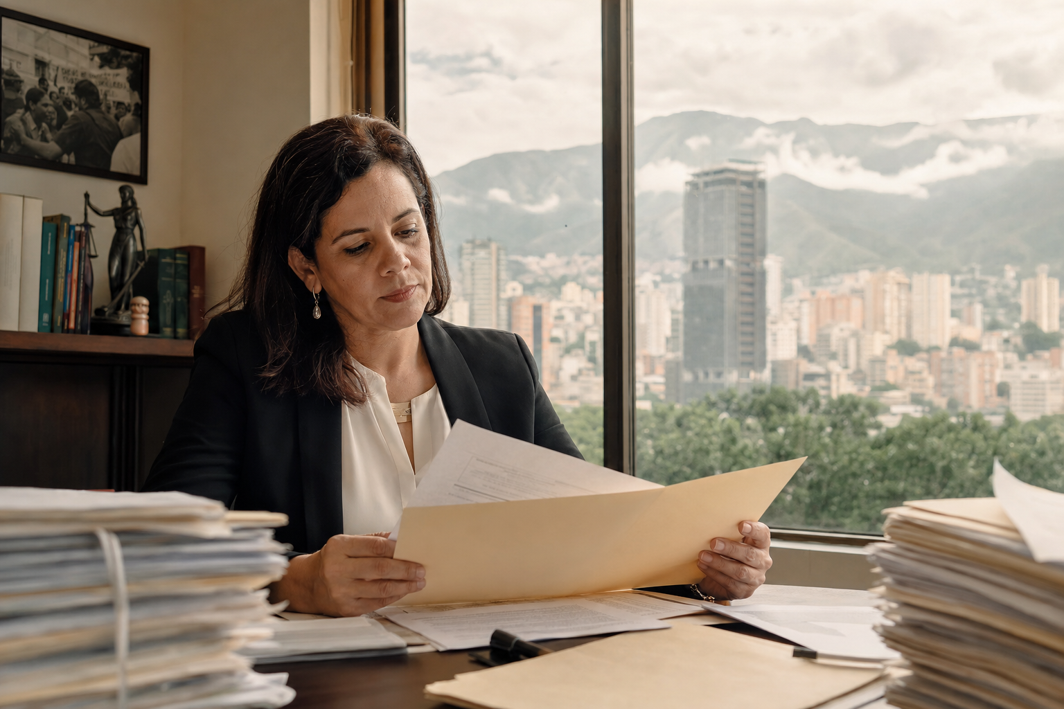 Abogada venezolana revisando expedientes de presos políticos con vista a Caracas. INCÍSOS 11 mayo 2026.