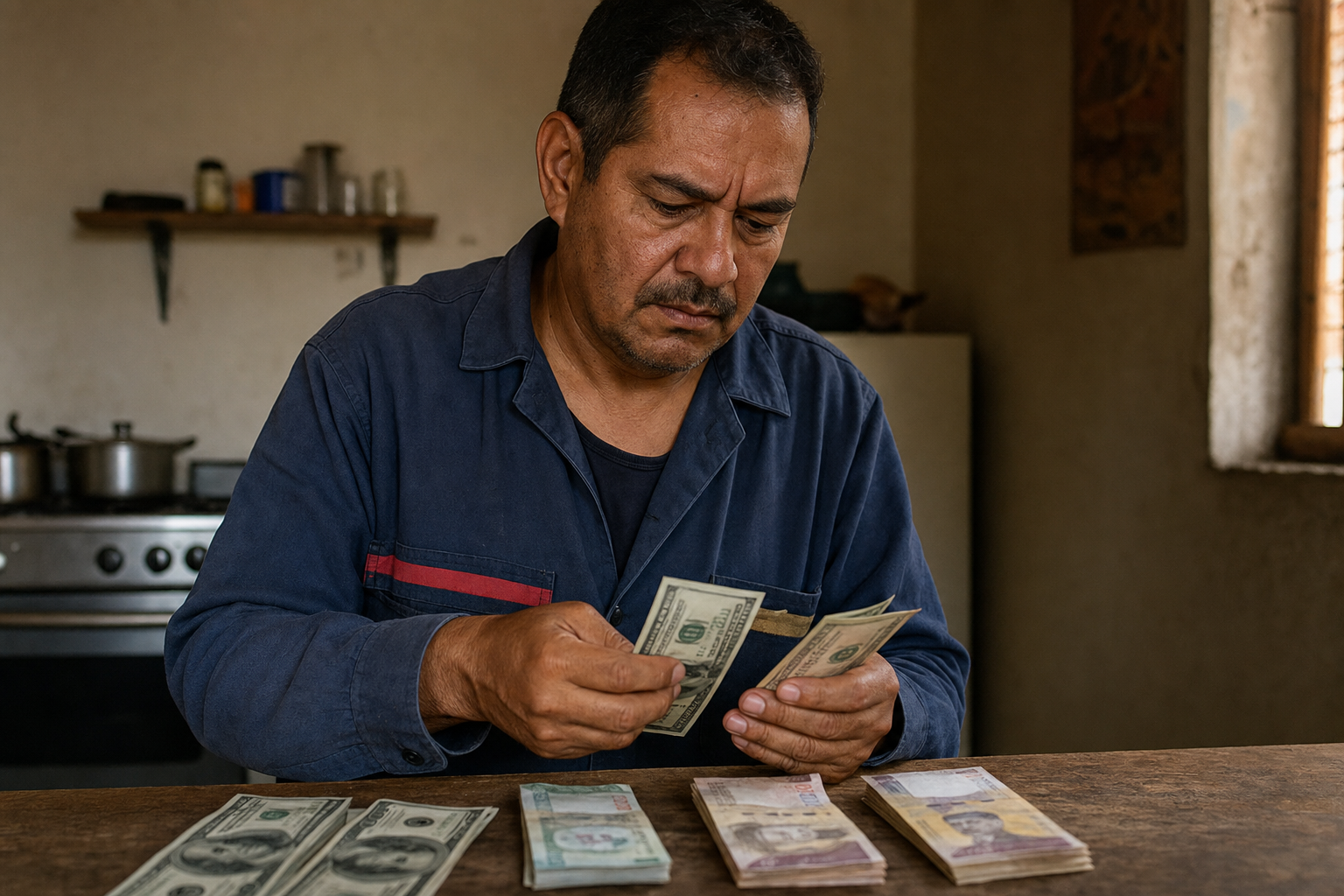 Trabajador venezolano contando billetes en dólares y bolívares en cocina modesta. INCÍSOS 11 mayo 2026.
