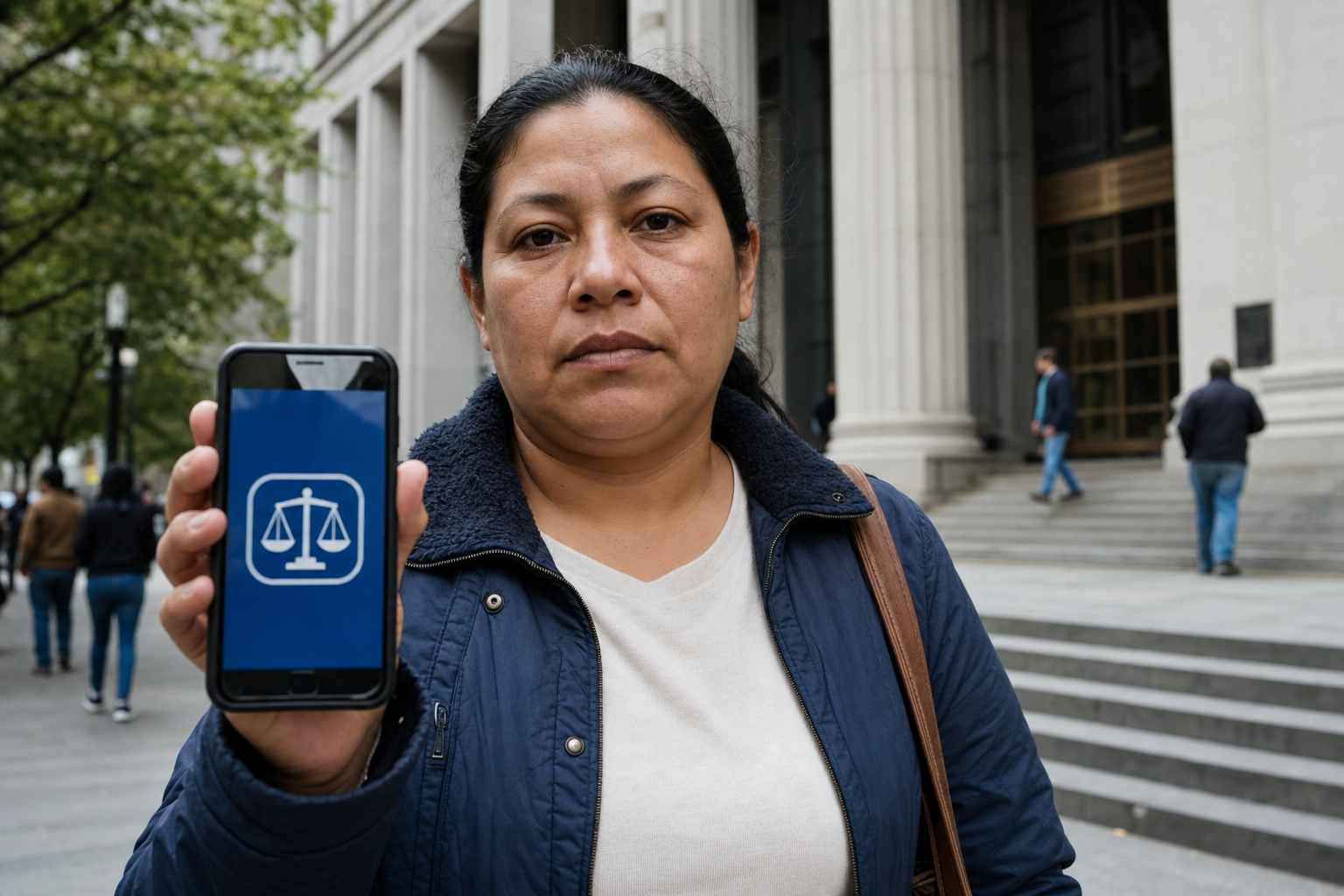 Inmigrante hispana frente a tribunal con app de derechos civiles en teléfono. INCÍSOS 11 mayo 2026.