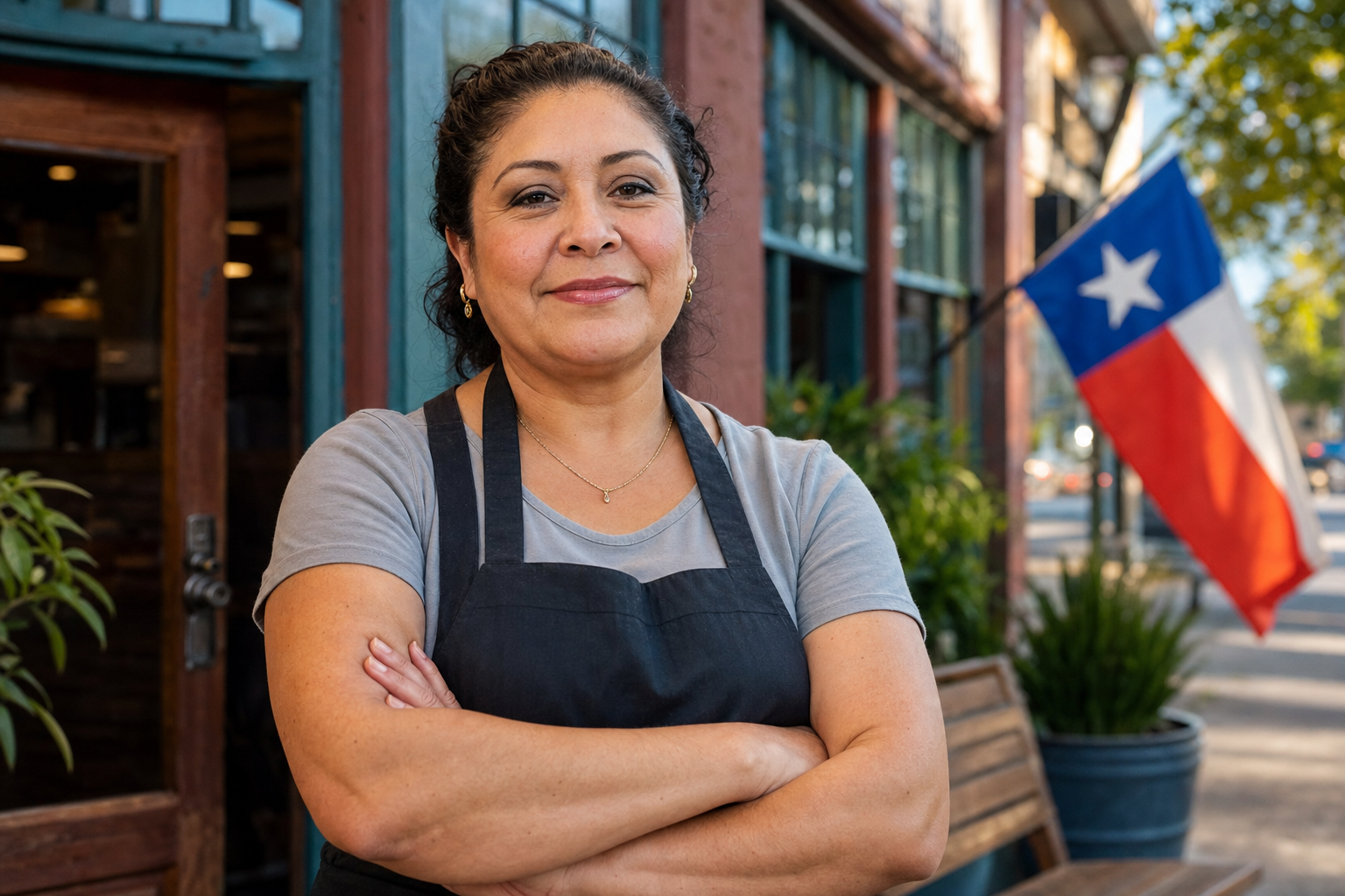 Dueña de negocio hispano con delantal frente a su restaurante en Texas. INCÍSOS 11 mayo 2026.