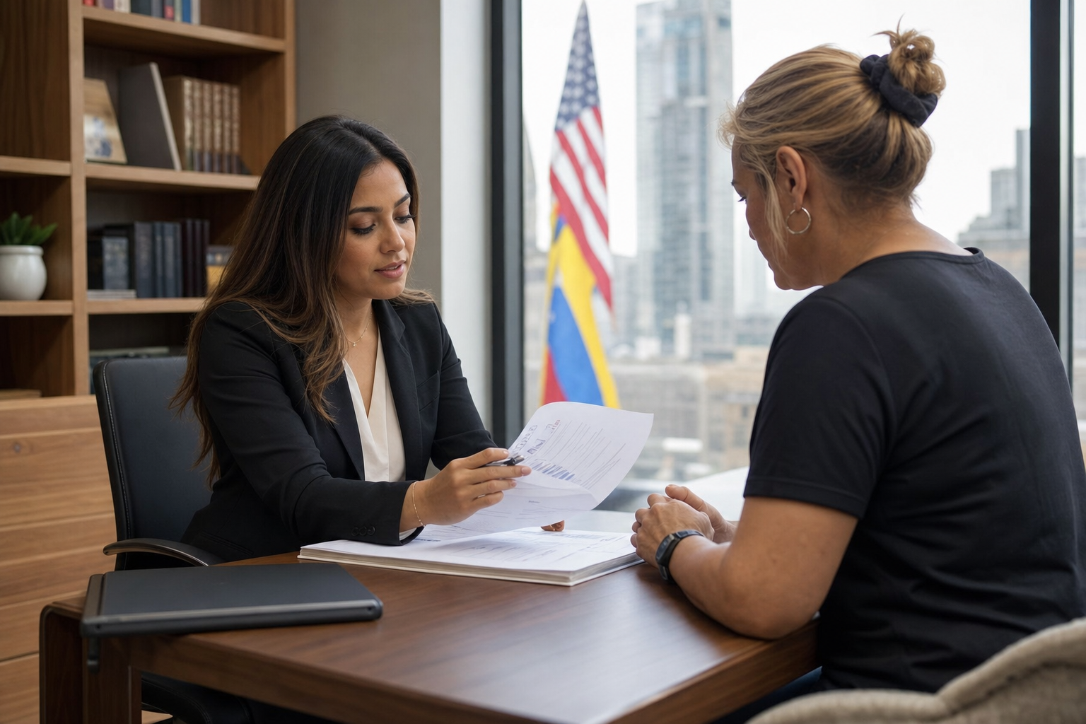 Abogada venezolana en EE.UU. revisando documentos binacionales con cliente. INCÍSOS 11 mayo 2026.