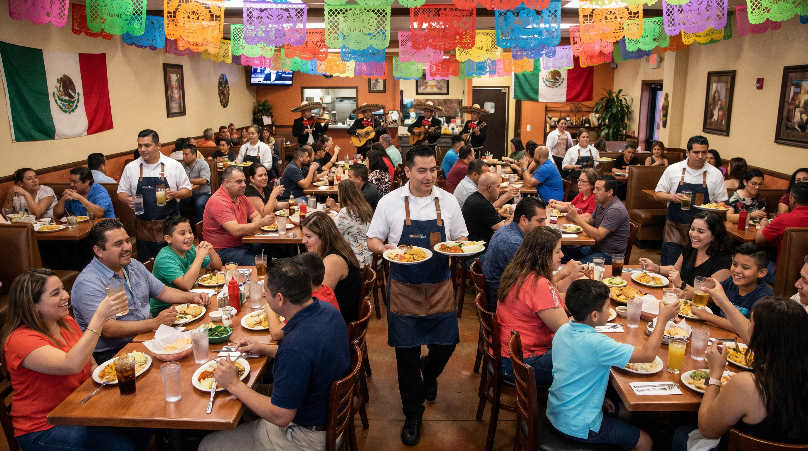 Restaurante hispano lleno durante celebración del Cinco de Mayo, mayo 2026.