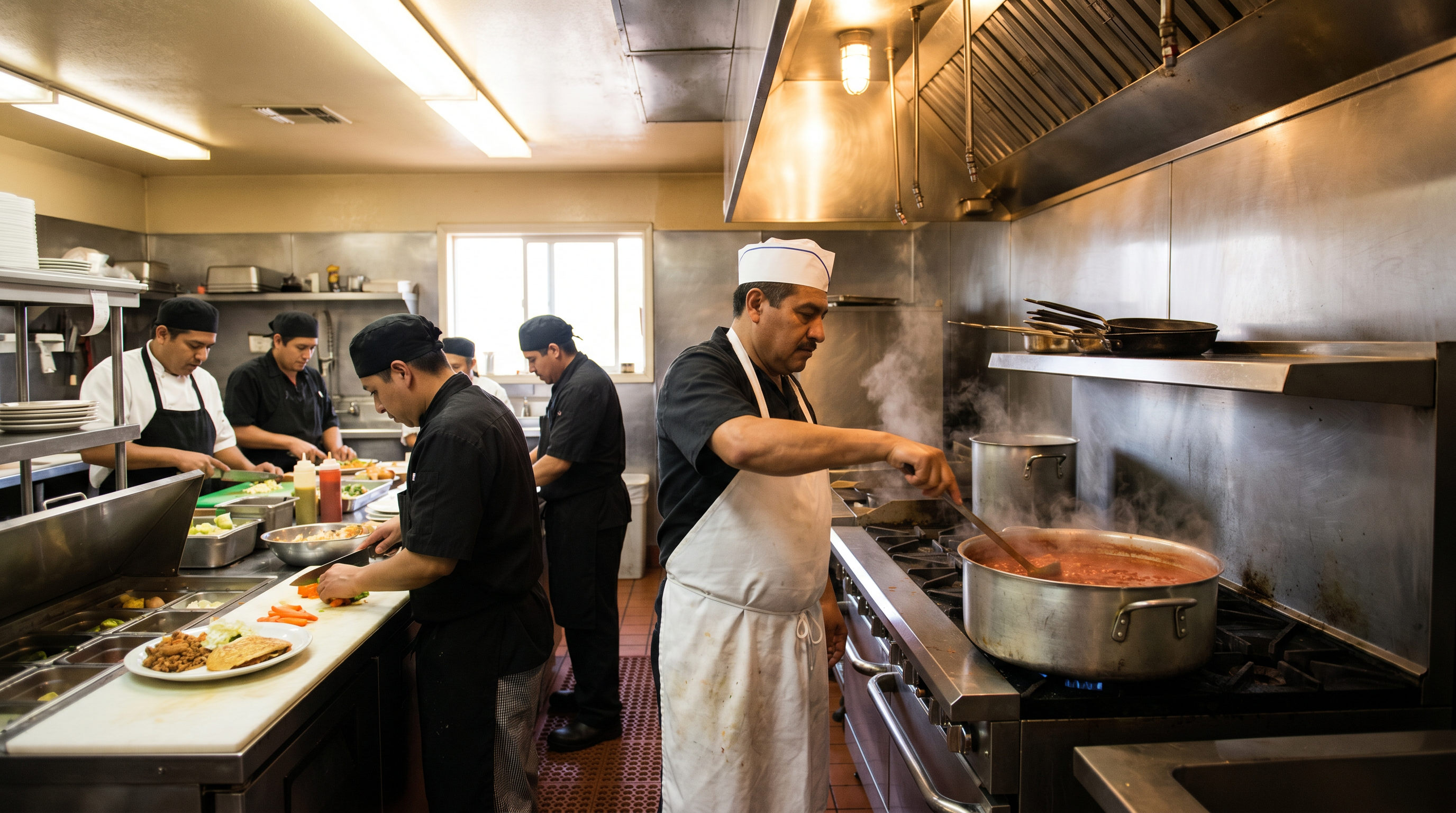 Cocina de restaurante hispano con personal trabajando, mayo 2026.