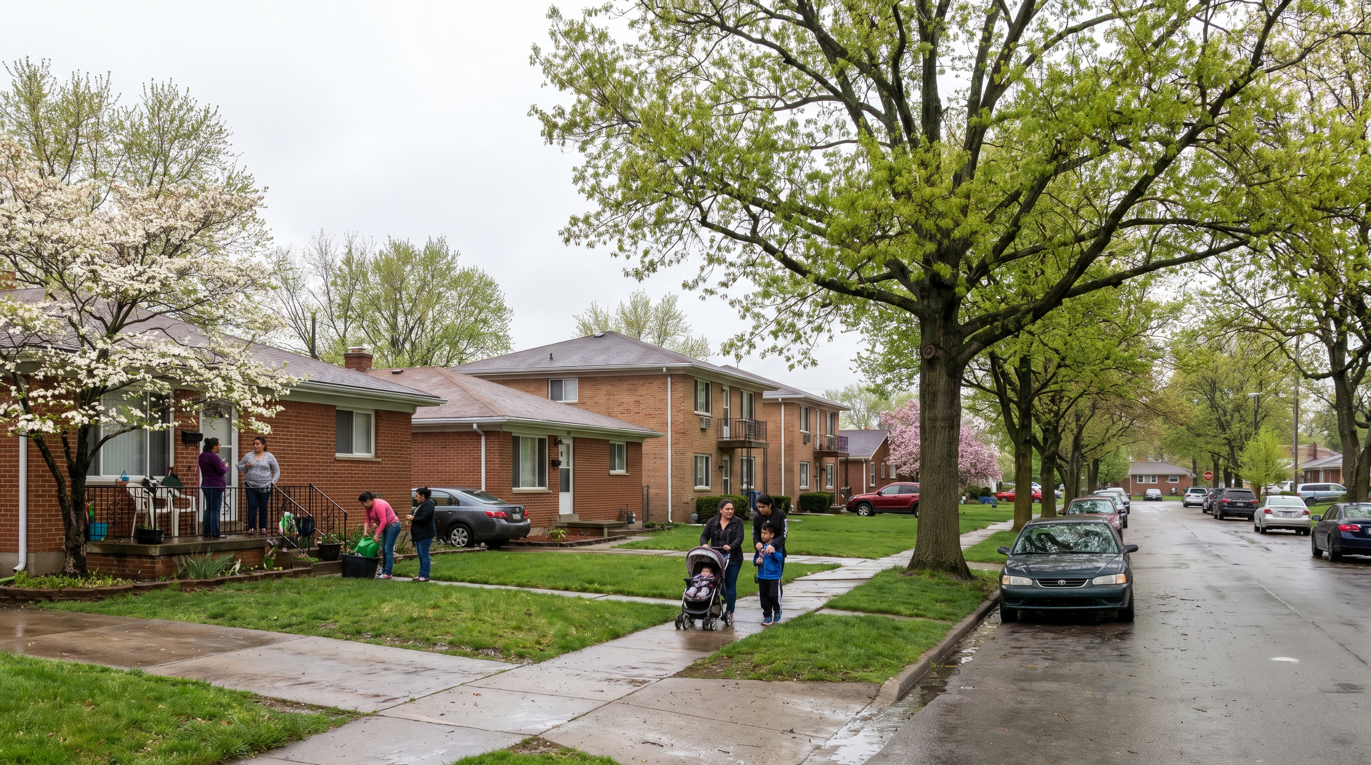 Calle residencial en Northland Columbus con casas y apartamentos, primavera 2026.