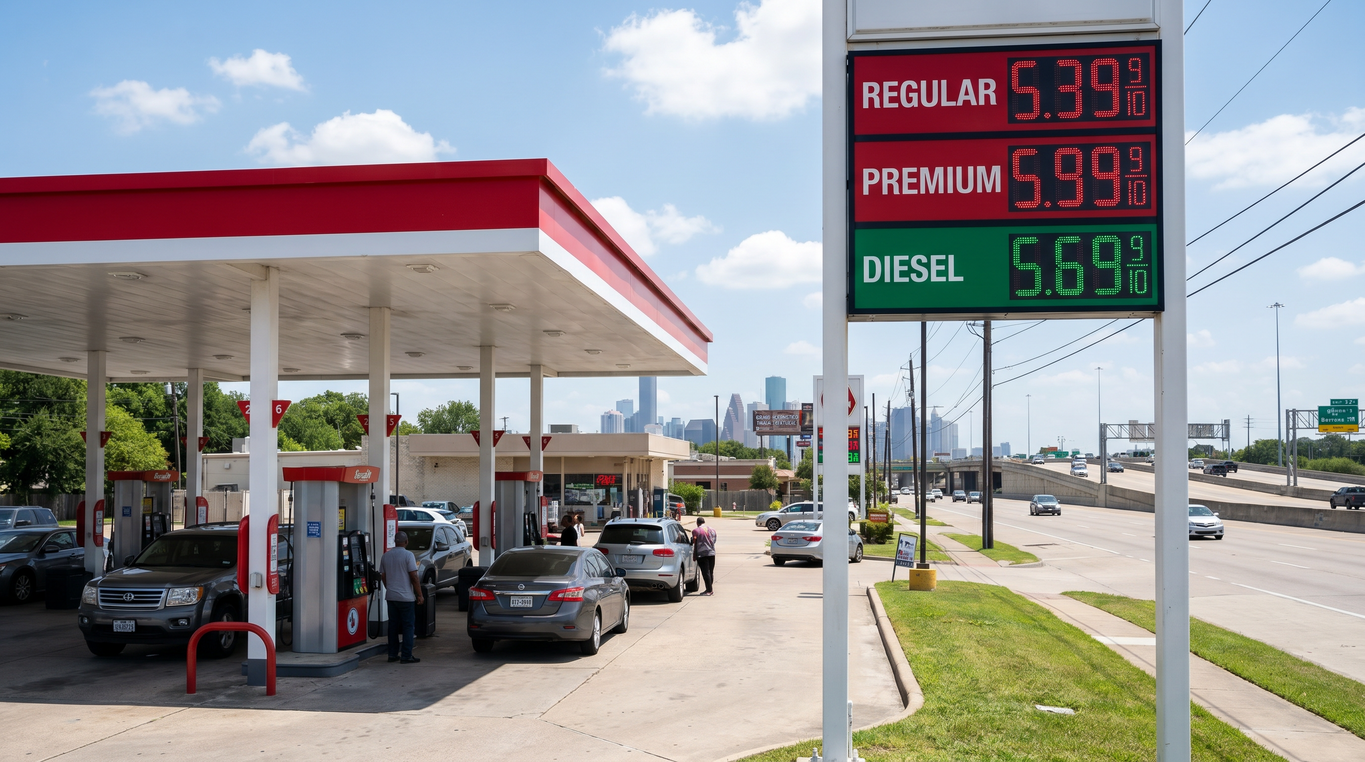 Estación de gasolina en Houston, Texas, con precios visibles en mayo de 2026.