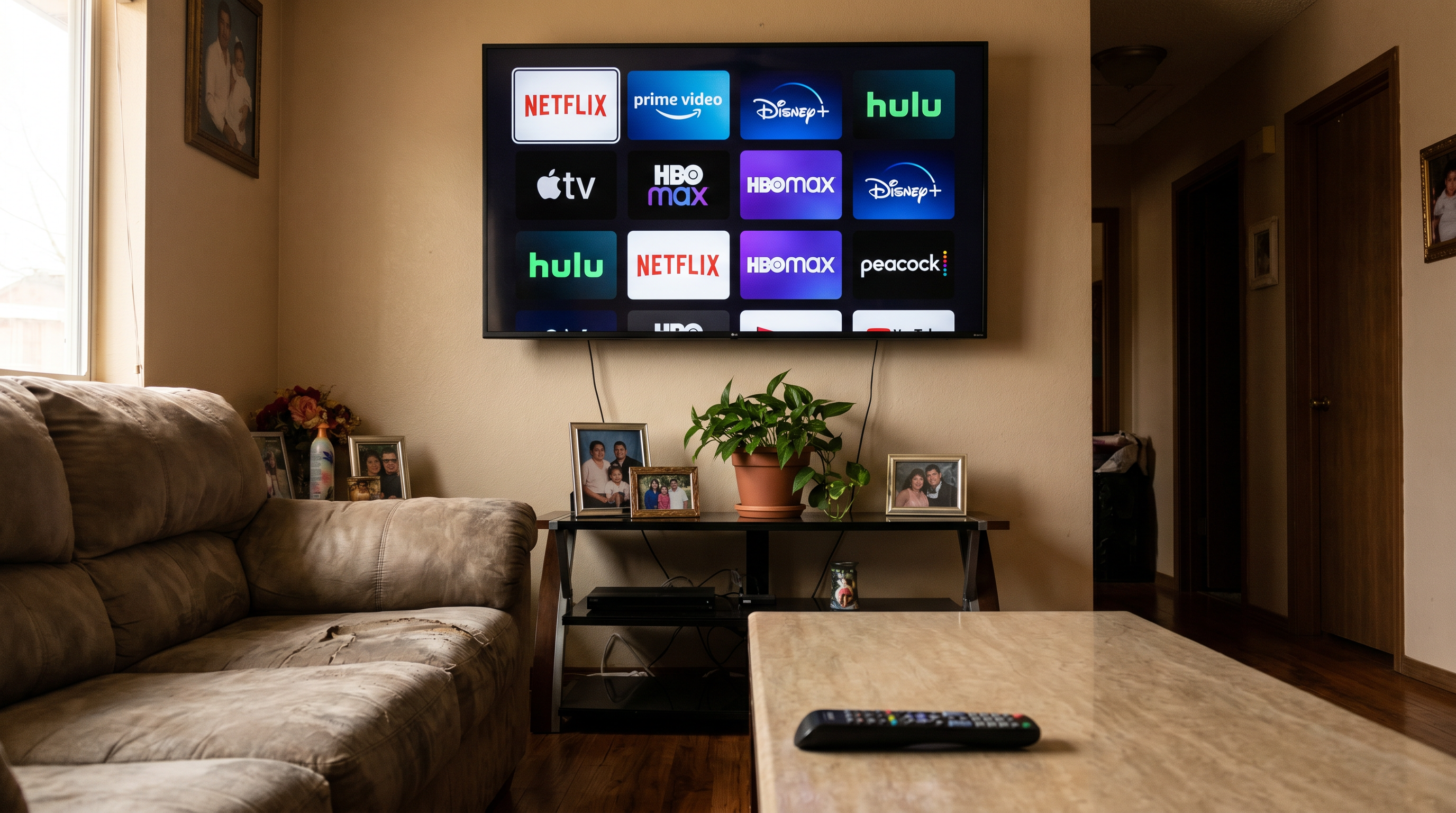 Pantalla de televisión con múltiples logos de plataformas de streaming, mayo 2026.
