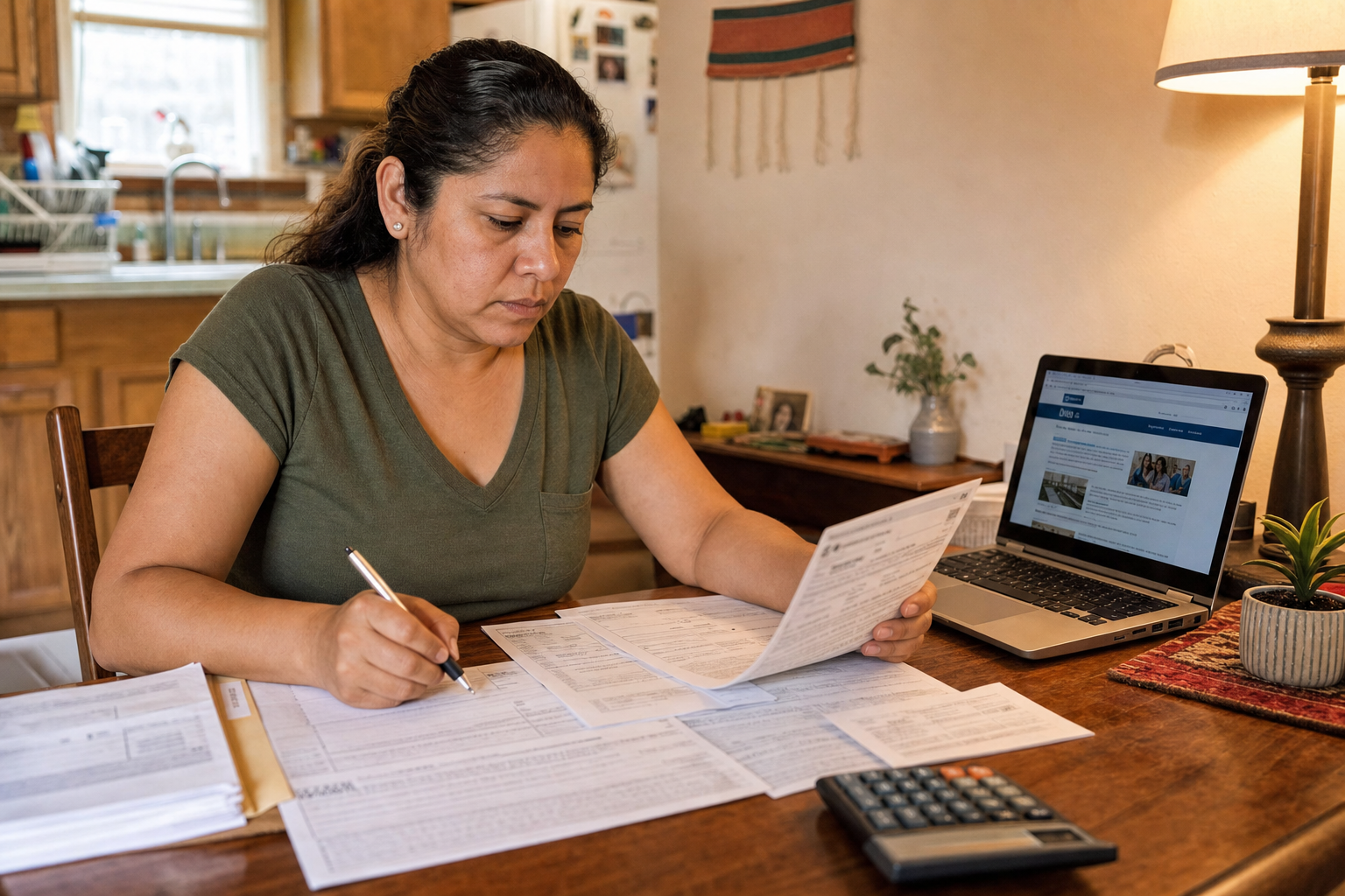 Mujer hispana en Columbus completando formularios de impuestos con laptop y calculadora. INCÍSOS 11 mayo 2026.