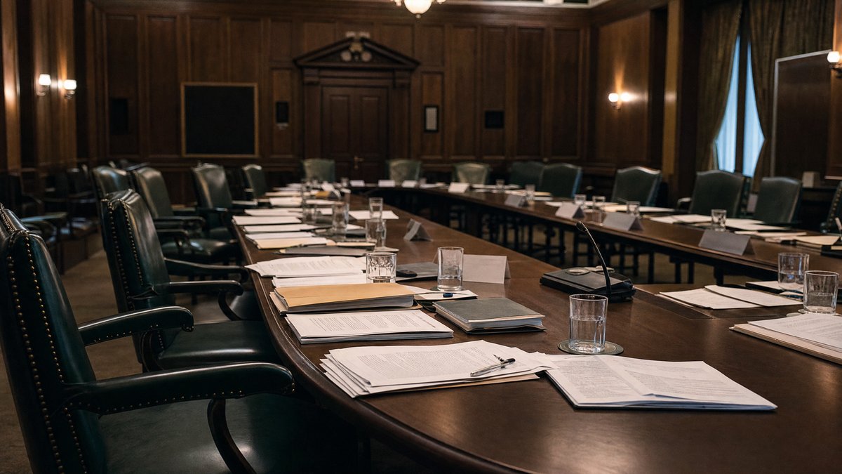 Sala de reuniones vacía con documentos sobre la mesa — símbolo del cierre de filas opositor tras el Manifiesto de Panamá