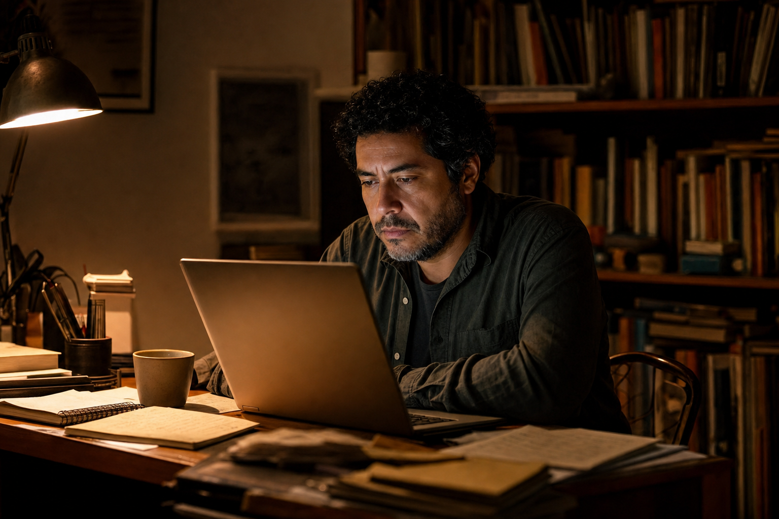 Escritor latinoamericano en estudio nocturno con laptop y libros. El Inciso, columna de Alfredo Yánez Mondragón.
