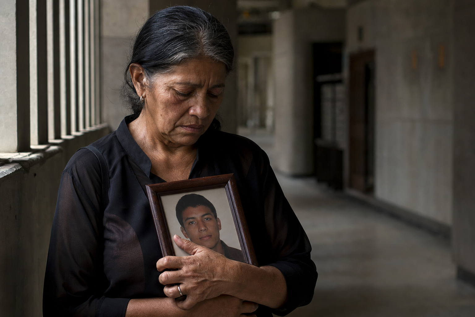 Madre venezolana sosteniendo la fotografía de su hijo en un corredor institucional. Imagen editorial INCÍSOS.