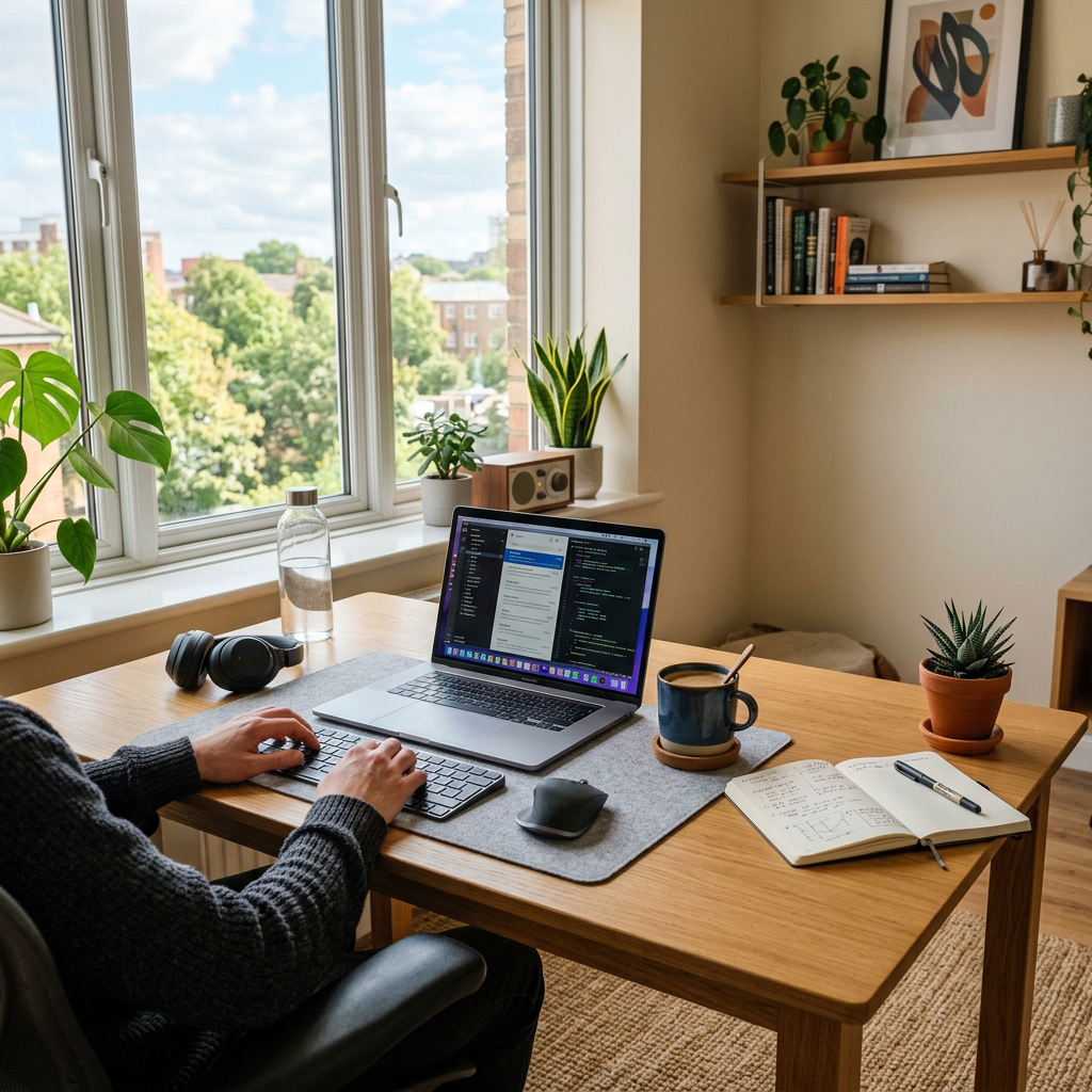 Person typing on laptop in a sunny room with plants, notebook, and coffee