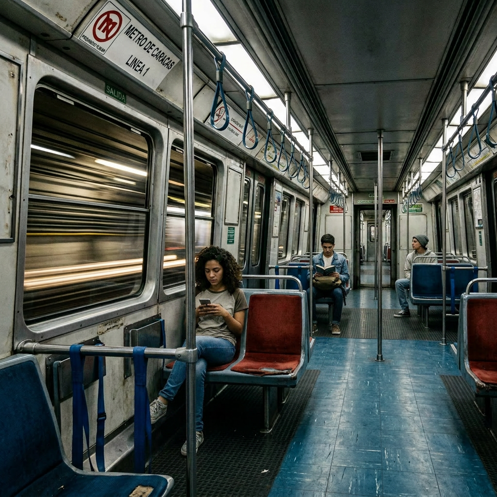 Empty interior of a Caracas Metro Line 1 train car with red and blue seats and metal handrails