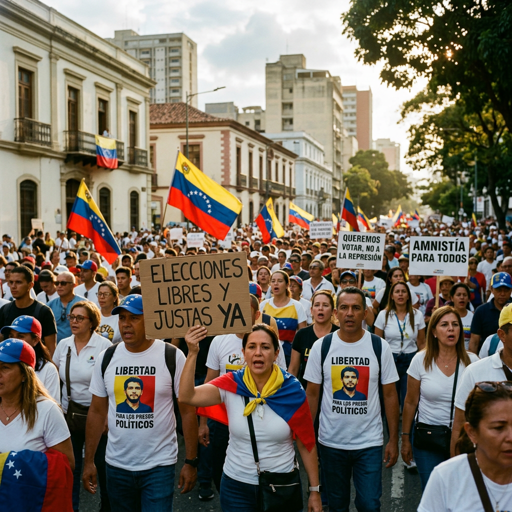 Protesters holding signs demanding free elections and political amnesty in Venezuela