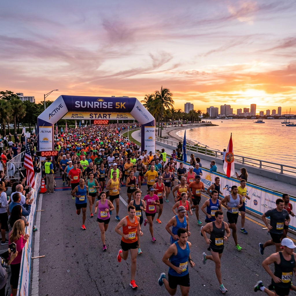 Runners starting the Sunrise 5K race near water at sunrise