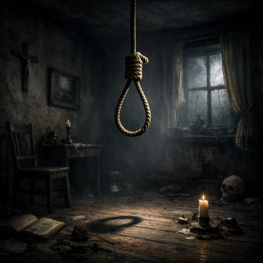 A dark, dilapidated room with a hanging noose, a burning candle, an open book, and a skull on the floor.
