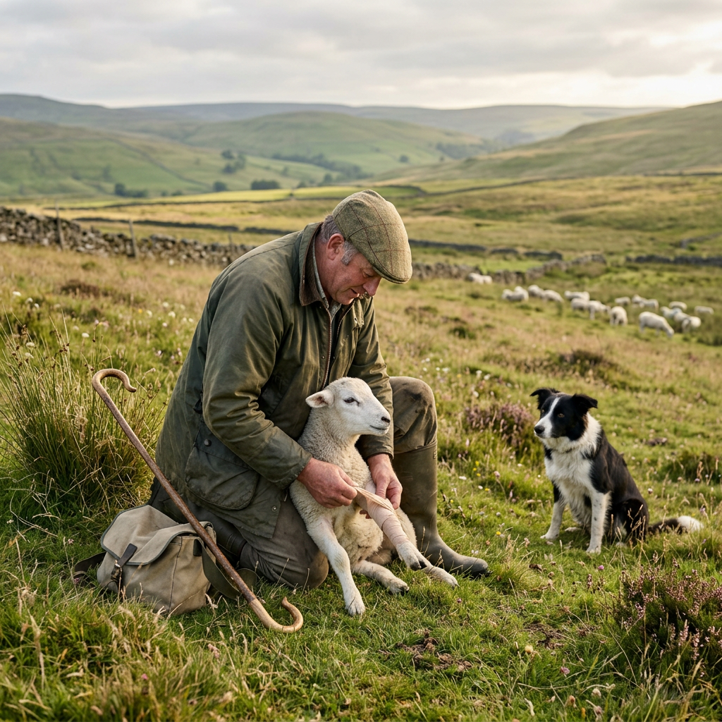 Shepherd bandaging a lamb's leg with a dog sitting nearby in a grassy landscape