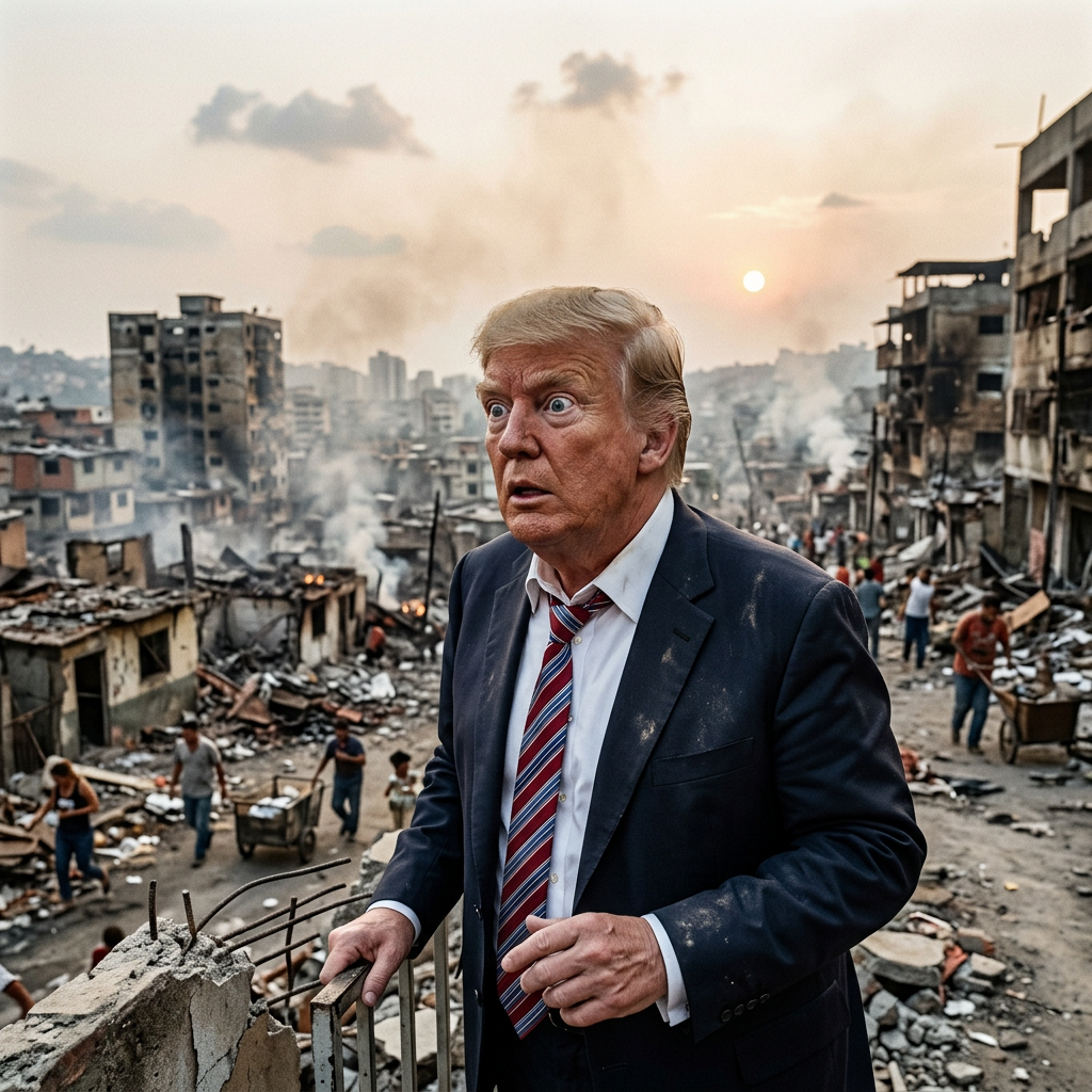 Man in suit with shocked expression in a destroyed urban area with smoke and debris