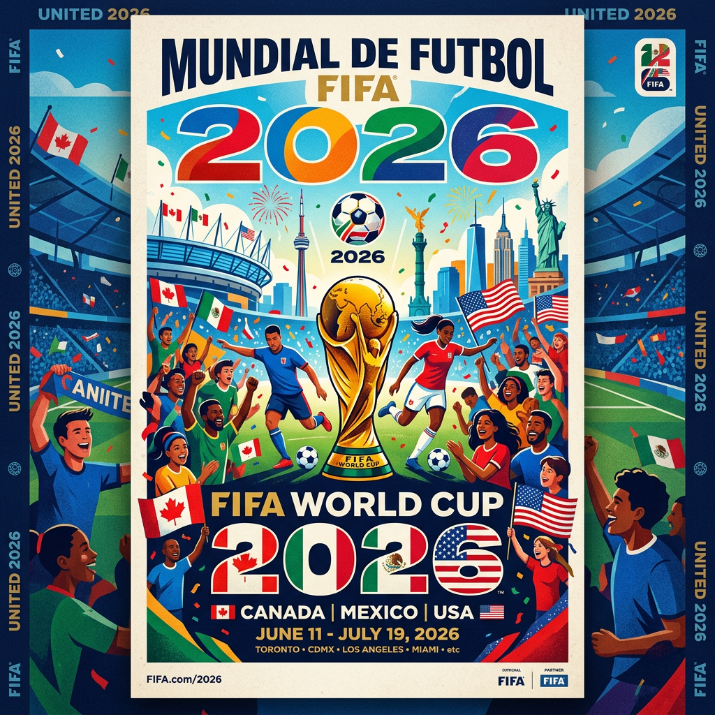 FIFA World Cup 2026 poster showing fans celebrating, soccer players, World Cup trophy, and landmarks from Canada, Mexico, and USA