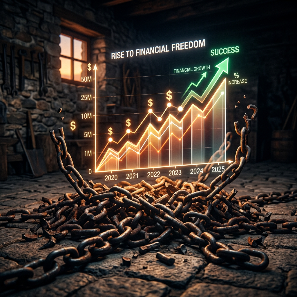 Graph showing rising financial growth from 2020 to 2025 with broken chains in the foreground