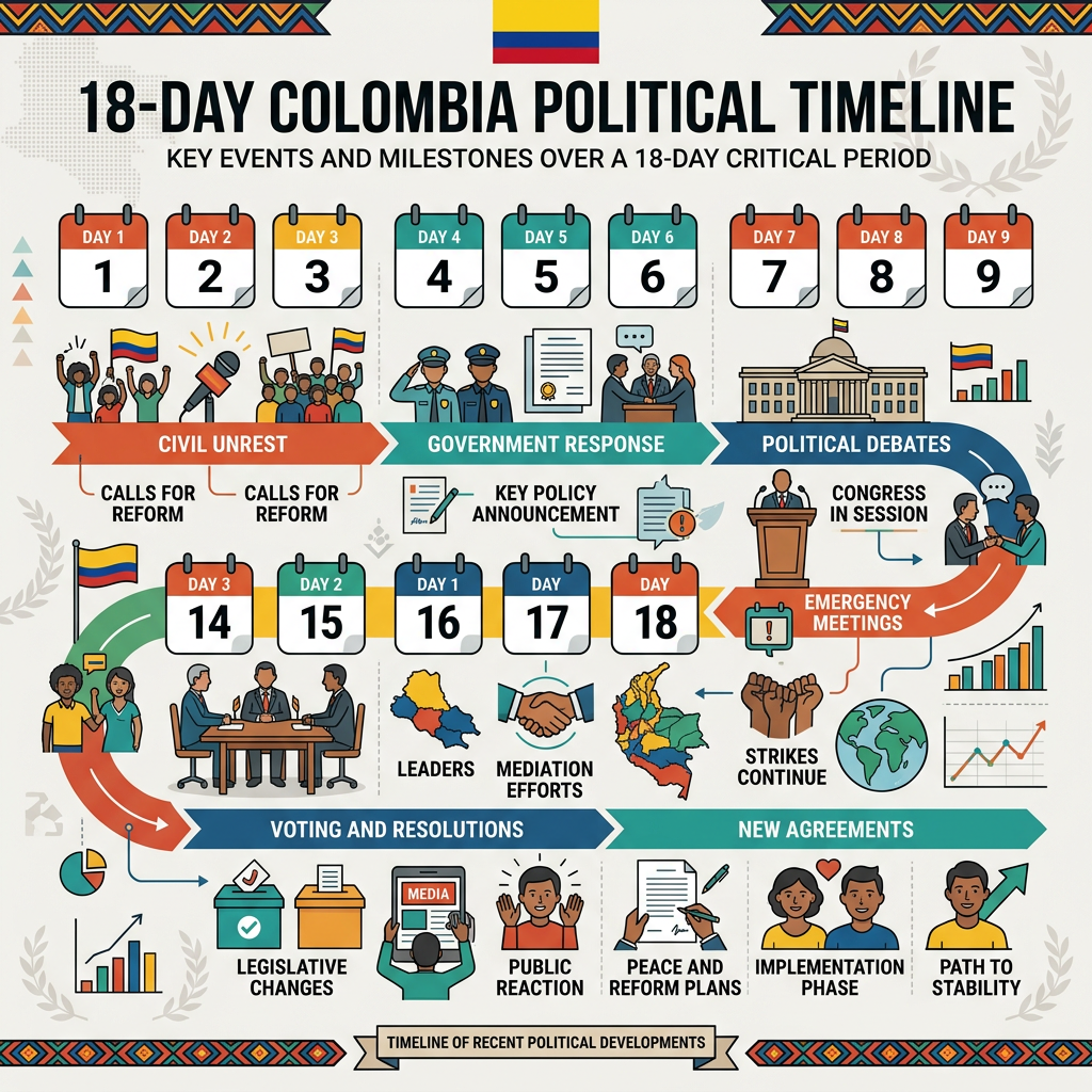 Infographic timeline of Colombia's 18-day political crisis showing civil unrest, government response, political debates, voting, and new agreements.