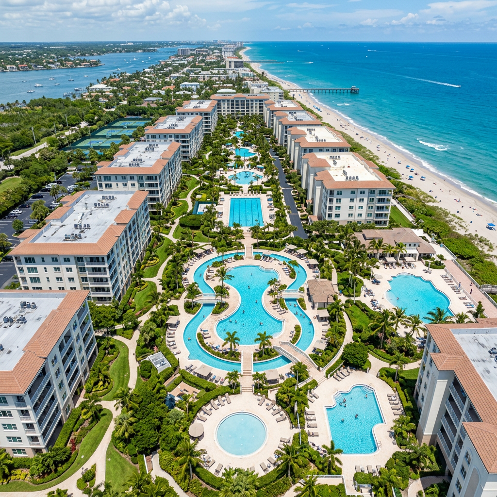 A luxury beachfront resort with several large swimming pools surrounded by palm trees and buildings
