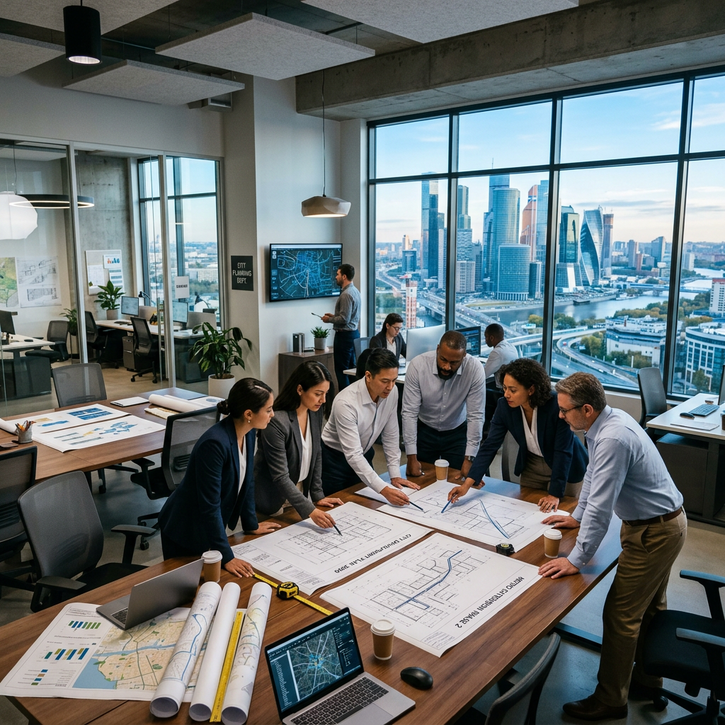 Team reviewing architectural blueprints on a table in a bright office