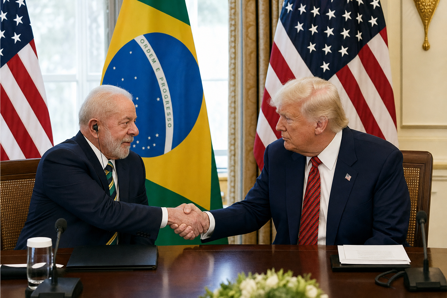 El presidente brasileño Lula da Silva y el presidente estadounidense Donald Trump se dan la mano en la Casa Blanca durante su reunión bilateral de mayo de 2026.