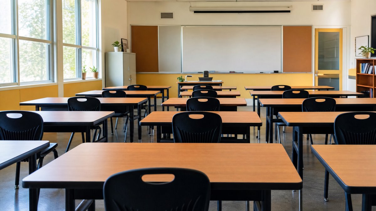 Salón de clases vacío y ordenado — Ohio Hispanic Coalition ofrece clases de inglés y ciudadanía en Columbus