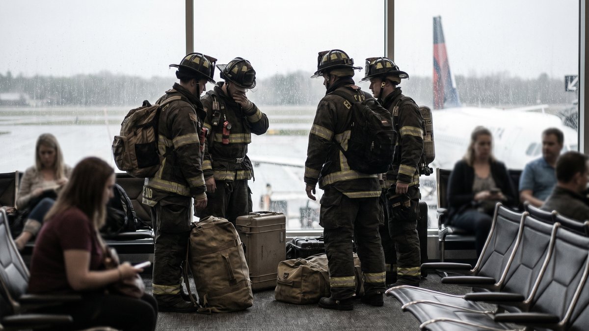 Equipo de bomberos con equipos de rescate esperando en un aeropuerto