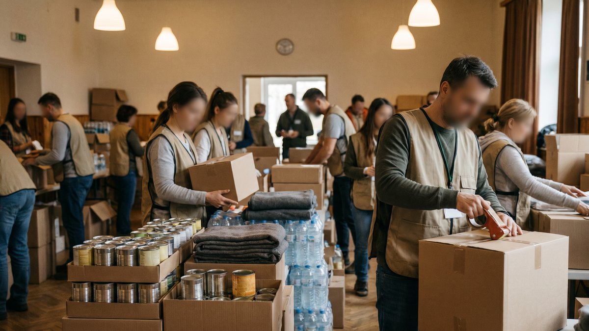 Voluntarios organizando cajas de ayuda humanitaria en un centro de acopio