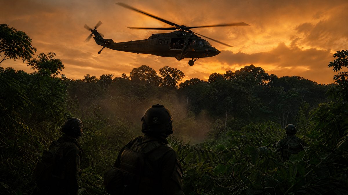 Helicóptero militar sobre la selva venezolana al atardecer