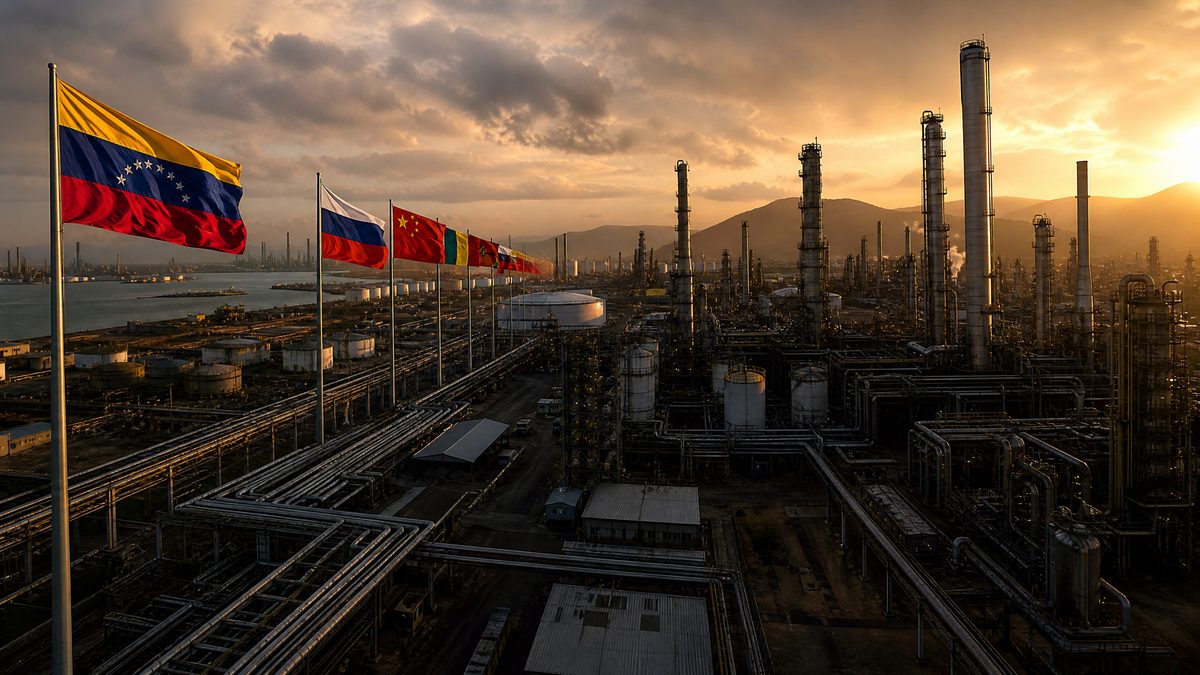 Refinería venezolana con banderas internacionales al atardecer