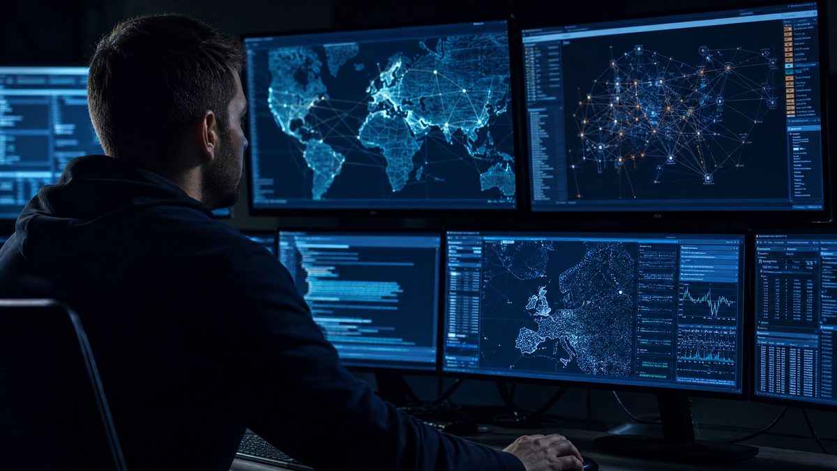 Analista de ciberseguridad monitoreando pantallas con mapas de red
