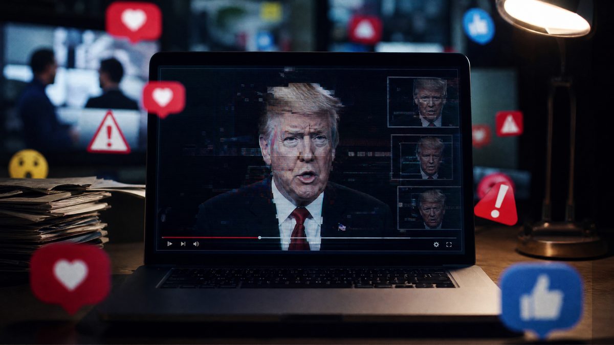 Video deepfake de figura política en laptop rodeado de alertas de redes sociales