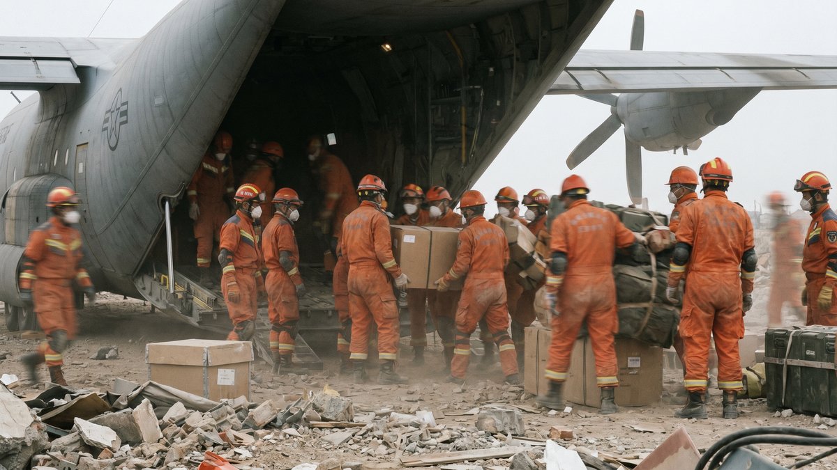 Equipos de búsqueda y rescate descargan suministros de ayuda humanitaria de un avión de carga