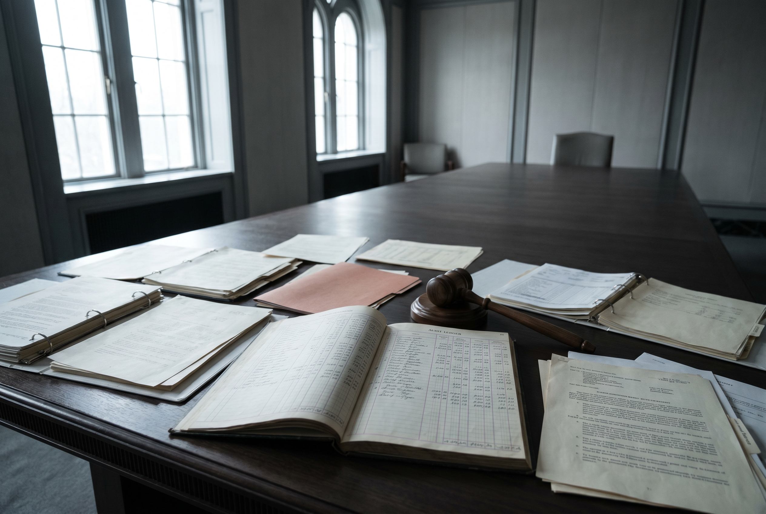 Mesa de sala de juntas con documentos de auditoría y mazo — imagen conceptual para nota sobre la Fundación Simón Bolívar