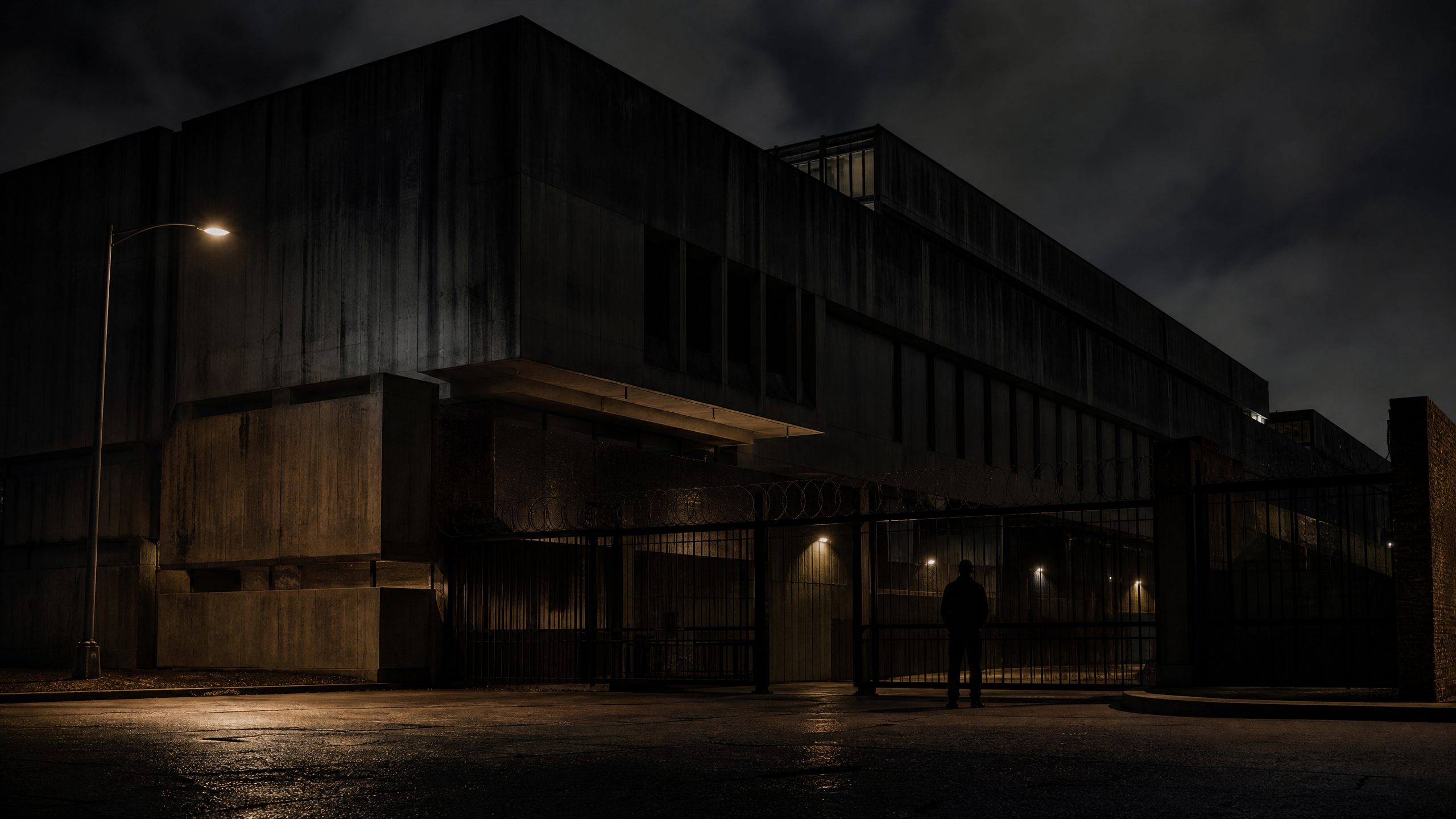 Edificio institucional nocturno. Ilustración editorial.