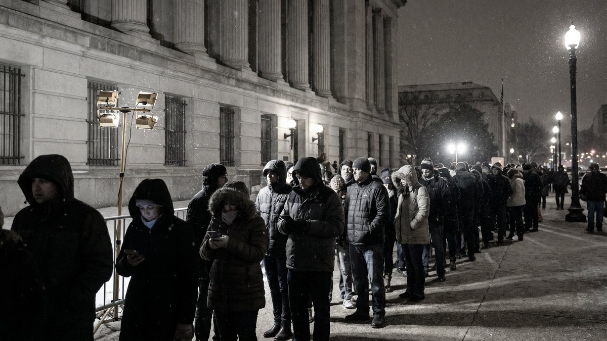 Fila de personas esperando en la noche para registrarse como voluntarios