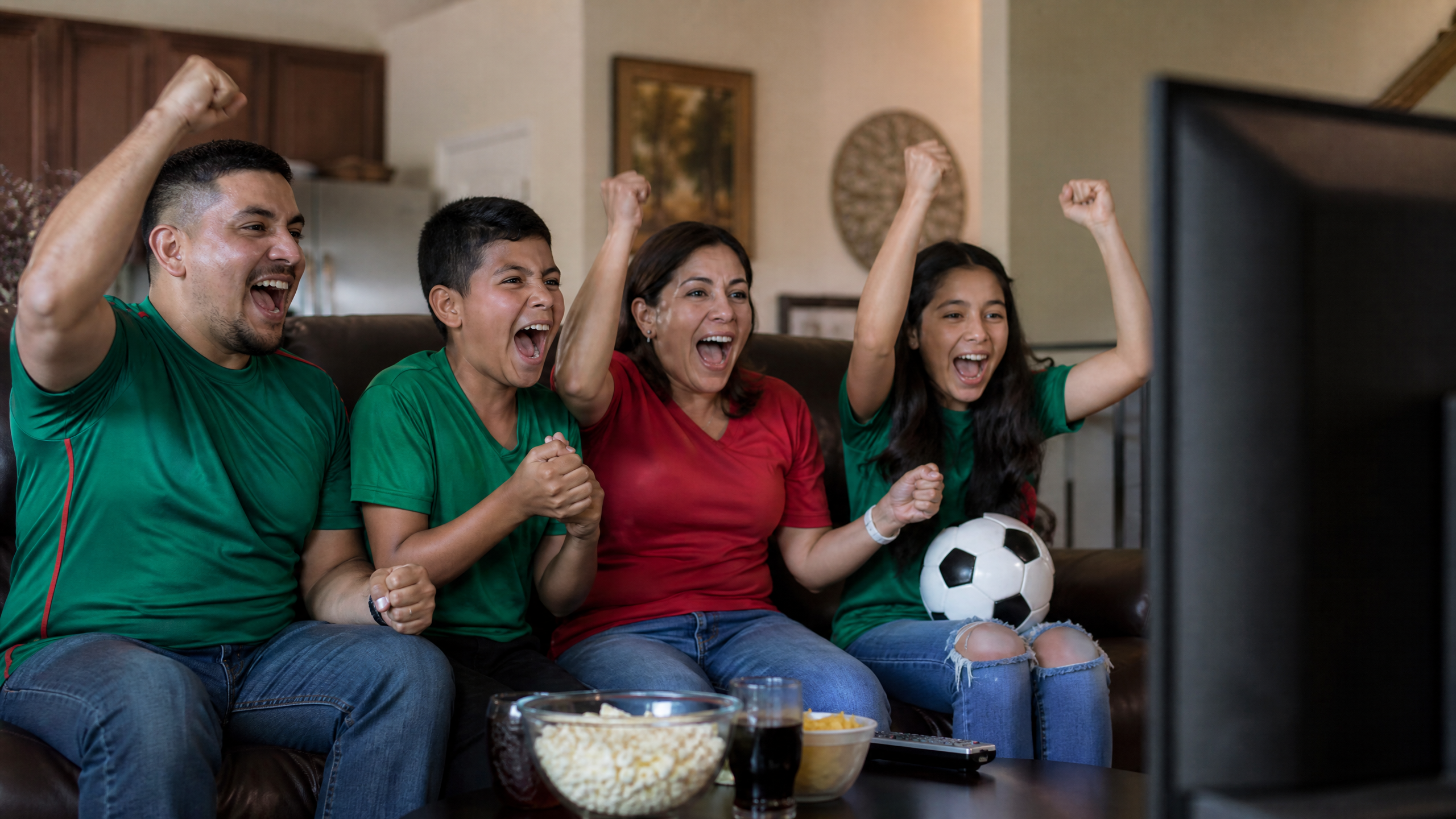Familia hispana viendo el Mundial en casa