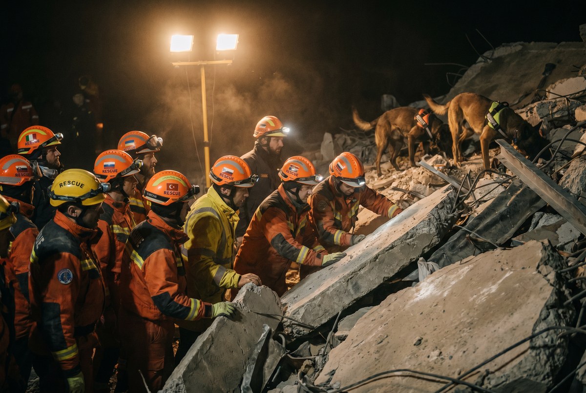 Equipos internacionales de rescate trabajando de noche entre escombros en Venezuela con perros de búsqueda