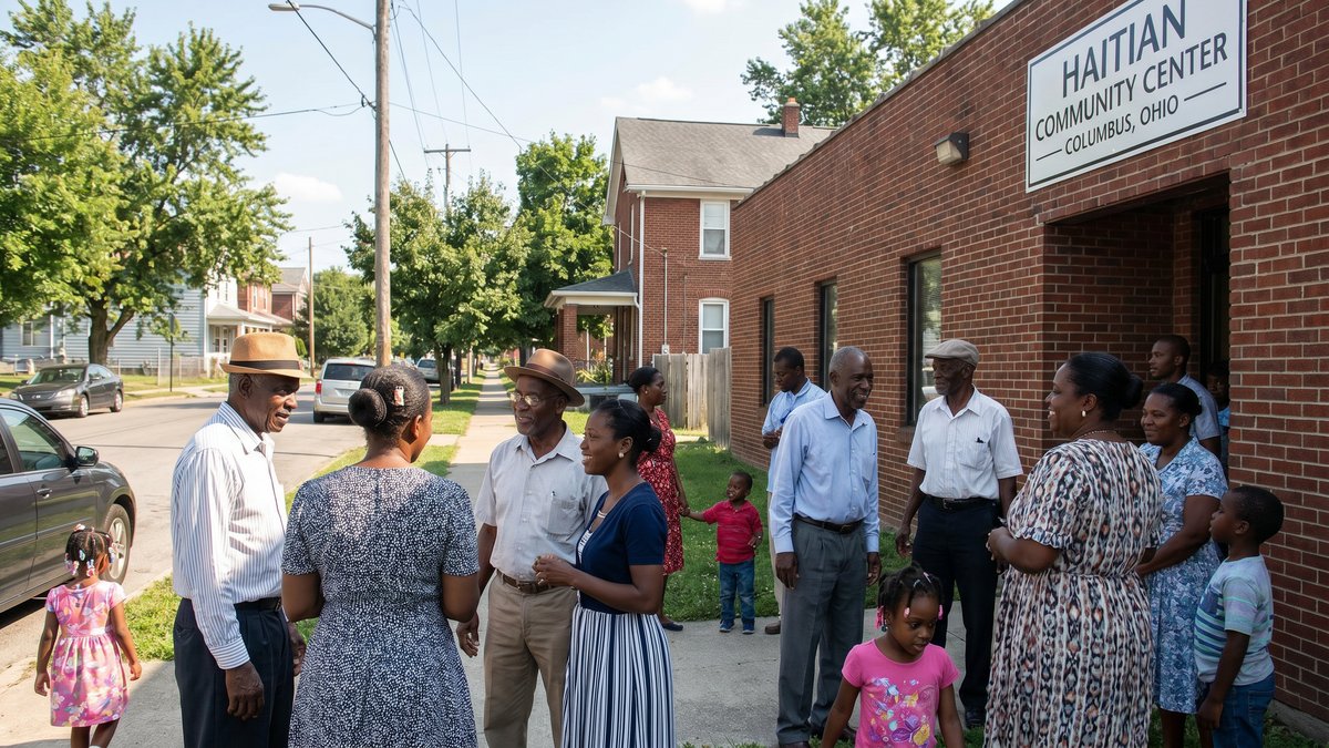 Comunidad haitiana reunida frente a un centro comunitario en Columbus, Ohio