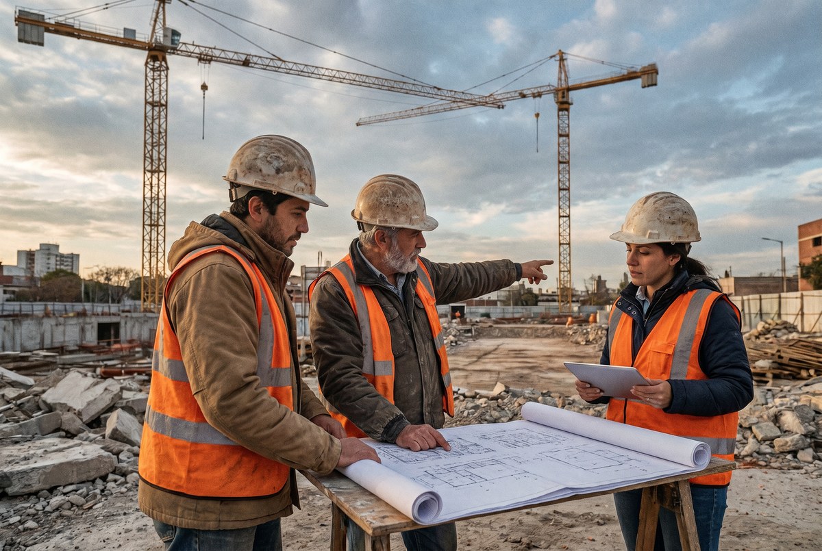 Trabajadores de construcción revisando planos en sitio de reconstrucción tras el terremoto en Venezuela, junio 2026