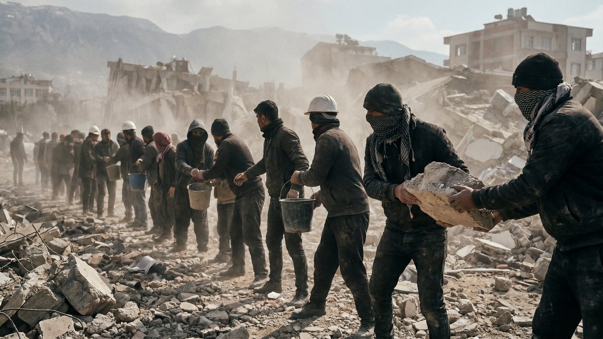 Cadena humana de voluntarios pasando escombros en zona de desastre del terremoto