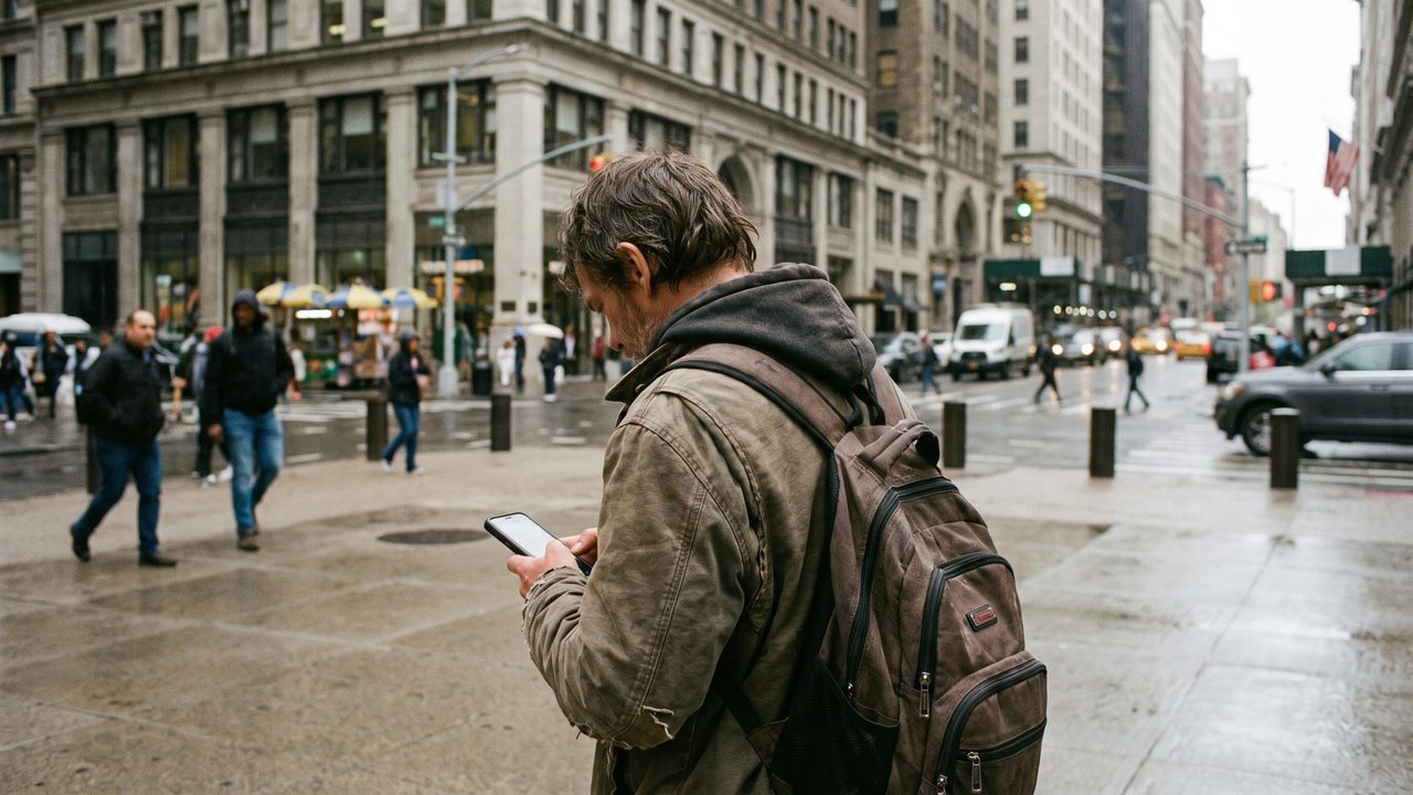 Persona usando teléfono en espacio público — archivo editorial
