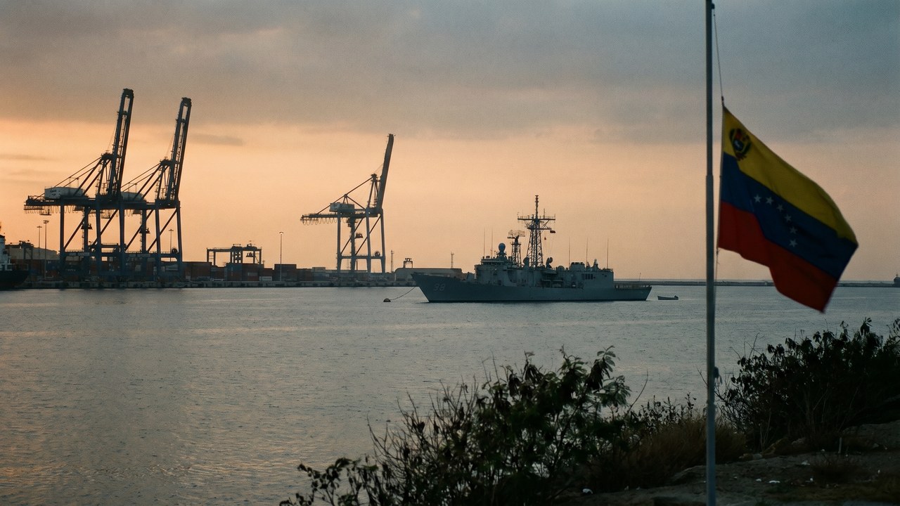 Puerto de La Guaira al atardecer con buque de guerra y bandera venezolana — imagen editorial INCÍSOS