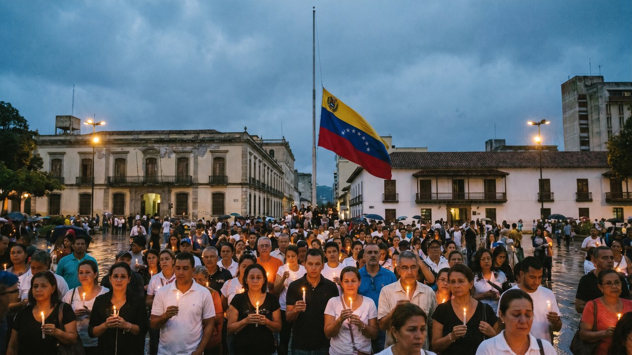 Venezolanos con velas en vigilia de duelo, bandera a media asta