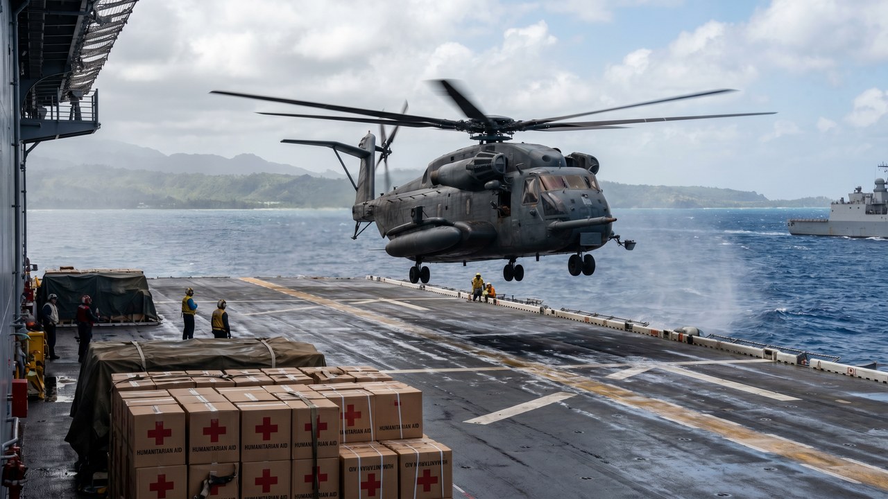 Helicóptero militar estadounidense descargando ayuda humanitaria en buque naval